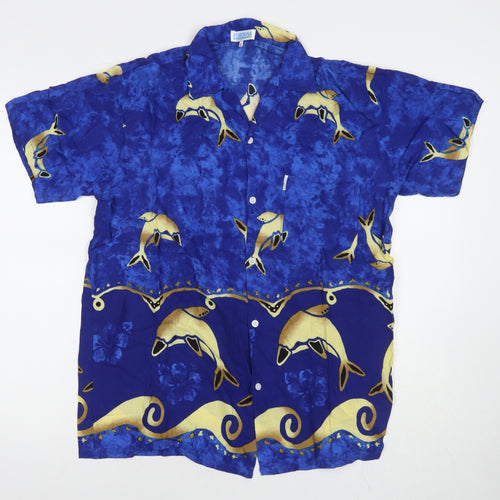 Eurousa Womens Blue Geometric Polyester Basic Button-Up Size L Collared - Dolphins
