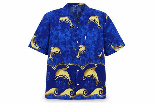 Front view of Eurousa women’s blue geometric polyester basic button-up, size L, collared - dolphins