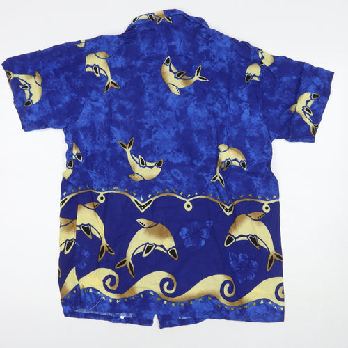 Eurousa Womens Blue Geometric Polyester Basic Button-Up Size L Collared - Dolphins