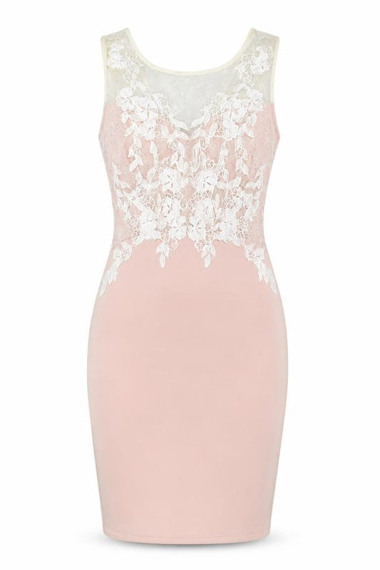 Front view of Lipsy women’s pink floral polyester a-line, size UK 12, round neck zip