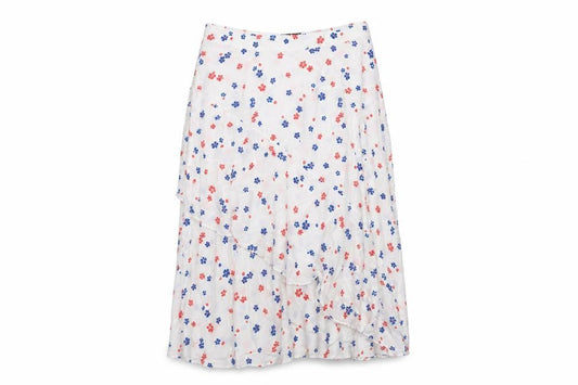 Front view of Marks & Spencer women’s white floral viscose maxi skirt, size UK 22, zip