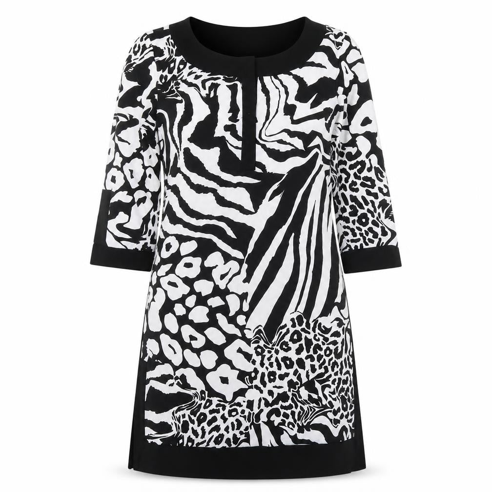 Front view of Tiana B women’s black animal print polyester a-line, size S, v-neck pullover