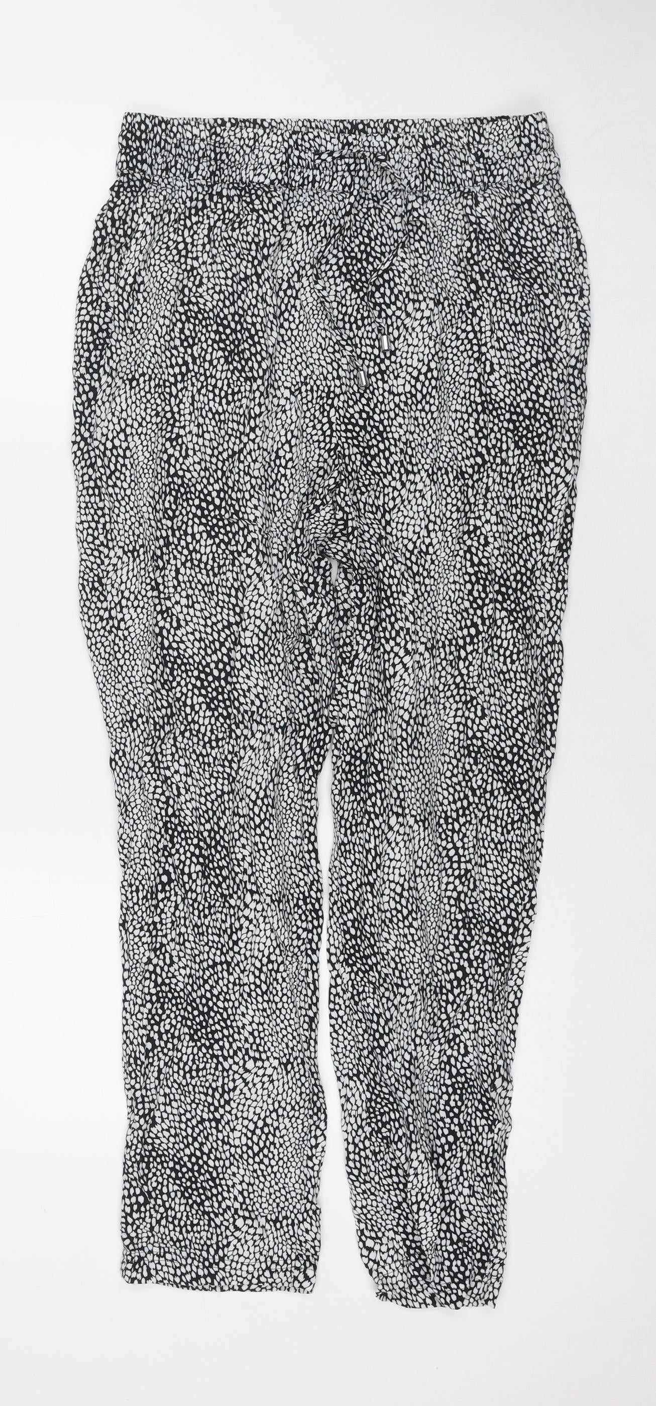 Marks and Spencer Womens Black Geometric Viscose Trousers Size 10 L27 in Regular Drawstring