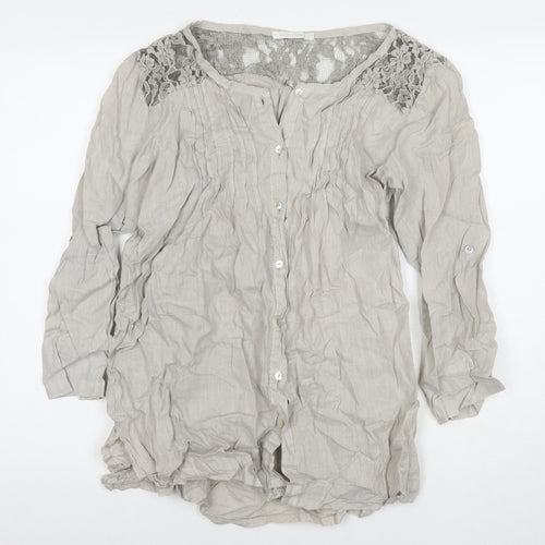 Made in Italy Womens Grey Linen Basic Button-Up Size L Round Neck