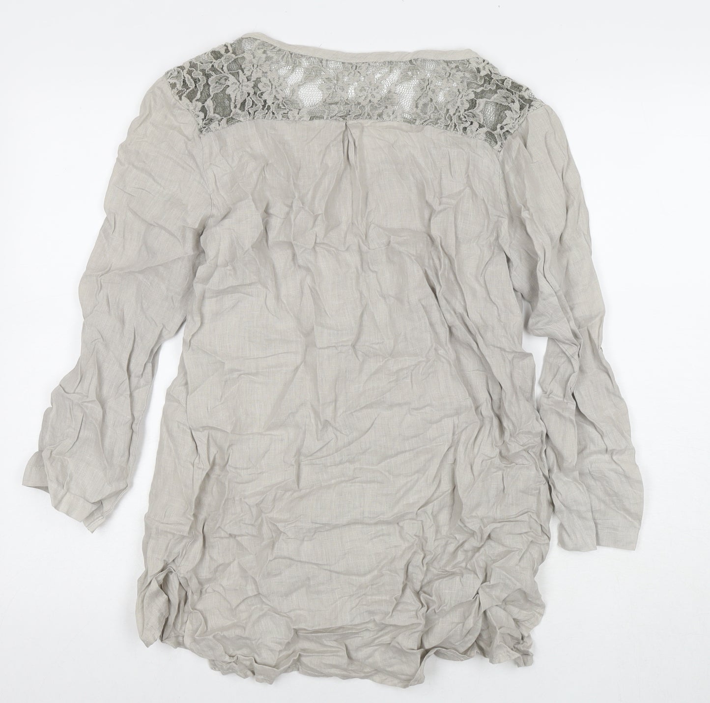 Made in Italy Womens Grey Linen Basic Button-Up Size L Round Neck