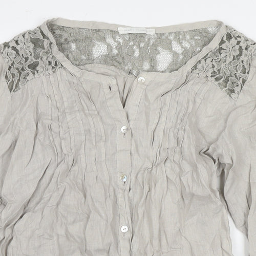 Made in Italy Womens Grey Linen Basic Button-Up Size L Round Neck