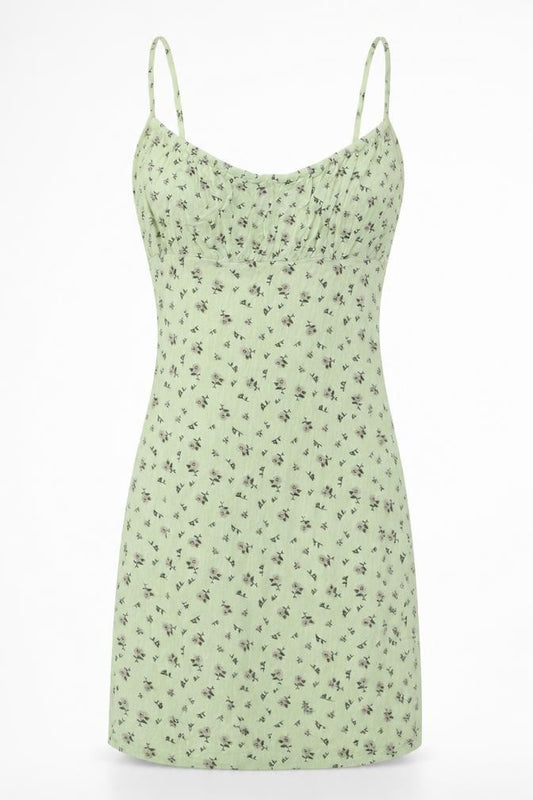 Front view of PRETTYLITTLETHING women’s green floral viscose mini, size UK 6, square neck pullover