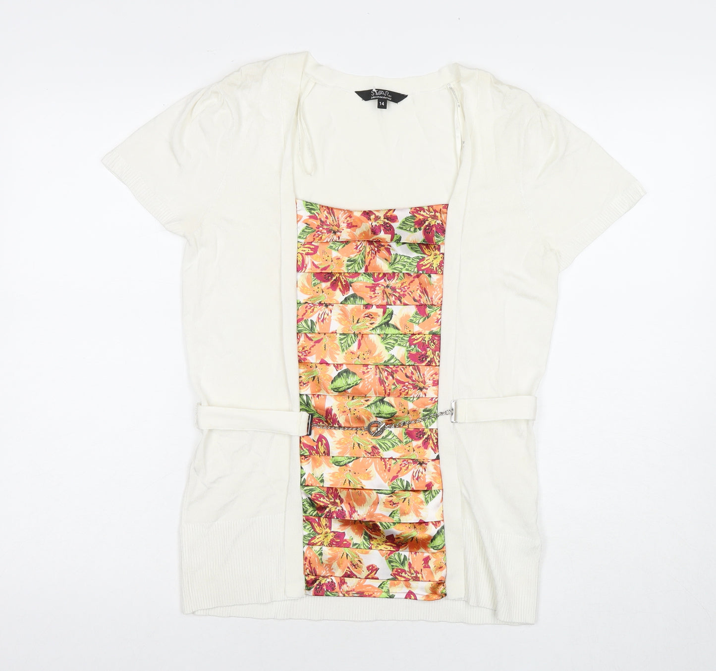 Julien Macdonald Womens White Floral Viscose Basic Blouse Size 14 Round Neck