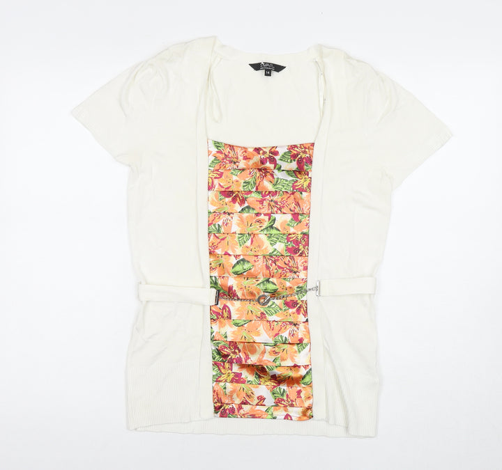 Julien Macdonald Womens White Floral Viscose Basic Blouse Size 14 Round Neck