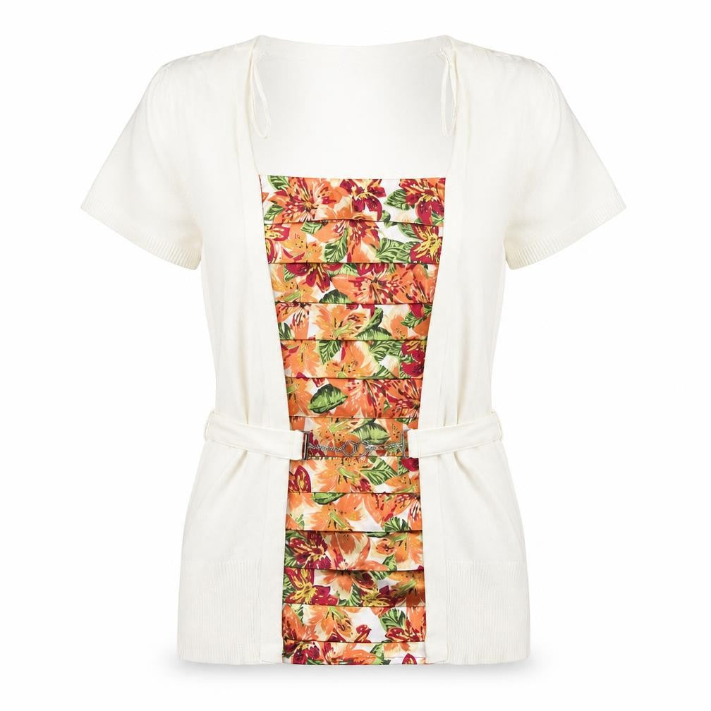 Front view of Julien Macdonald women’s white floral viscose basic blouse, size UK 14, round neck