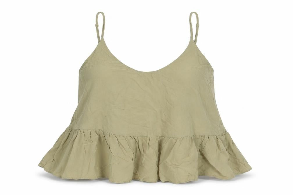 Front view of Topshop women’s brown viscose basic tank, size UK 6, scoop neck