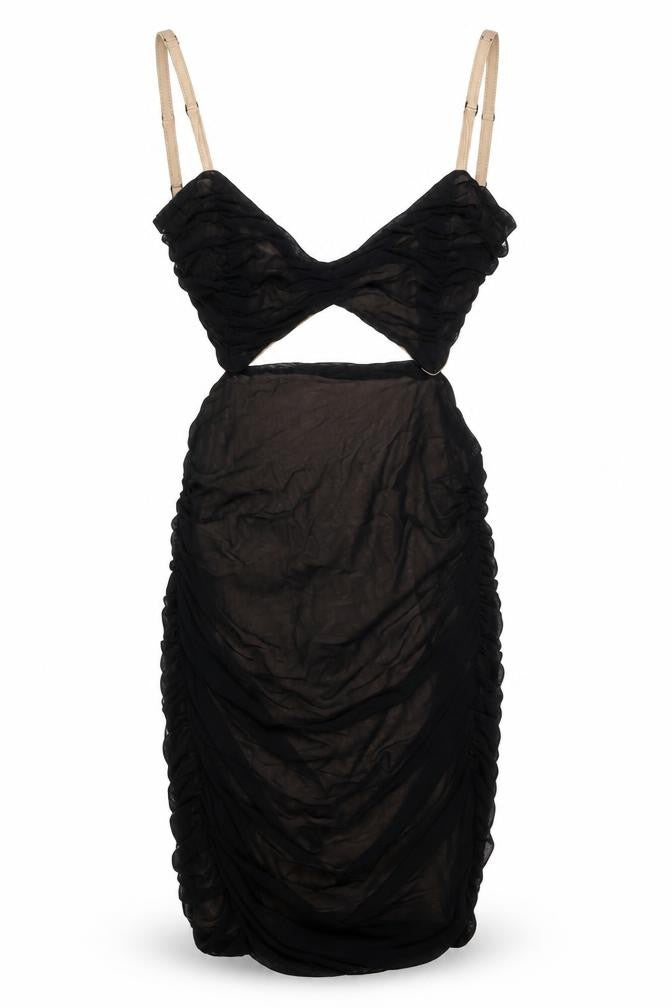 Front view of Miss Moda women’s black polyester bodycon, size UK 6, sweetheart zip