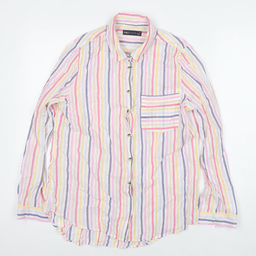 Marks and Spencer Womens Multicoloured Striped Cotton Basic Button-Up Size 12 Collared