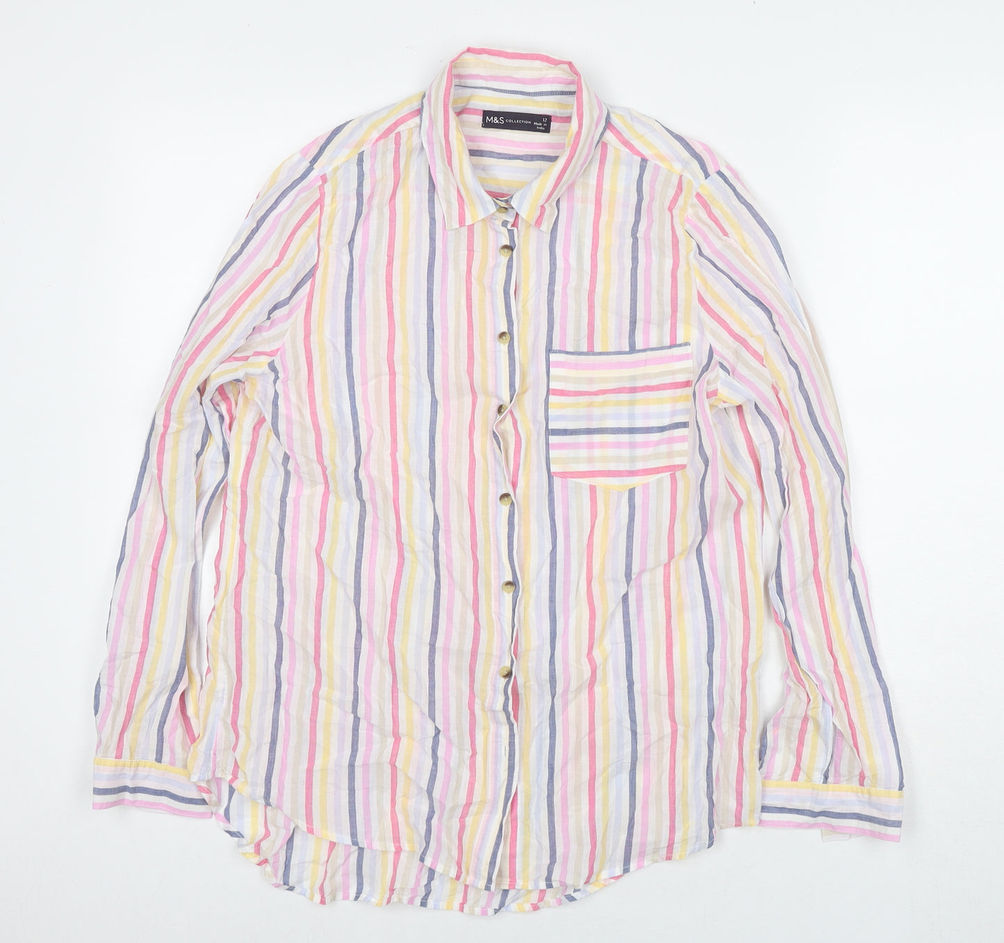 Marks and Spencer Womens Multicoloured Striped Cotton Basic Button-Up Size 12 Collared