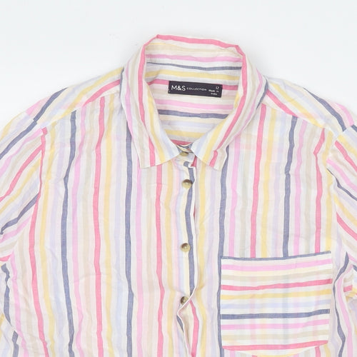 Marks and Spencer Womens Multicoloured Striped Cotton Basic Button-Up Size 12 Collared