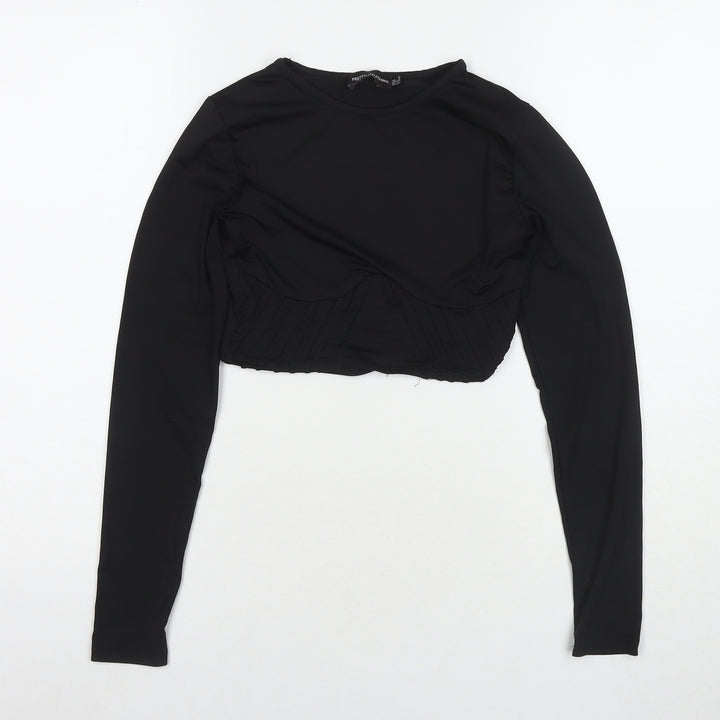 PRETTYLITTLETHING Womens Black Polyester Cropped T-Shirt Size 6 Round Neck