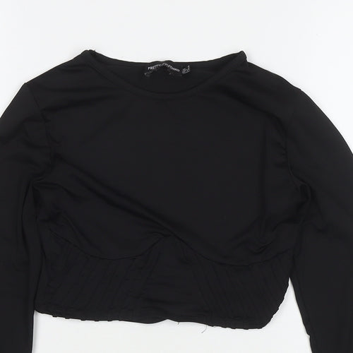PRETTYLITTLETHING Womens Black Polyester Cropped T-Shirt Size 6 Round Neck