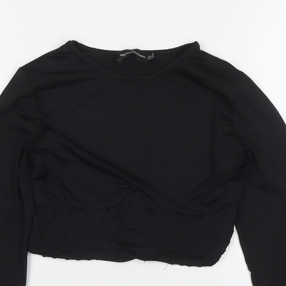 PRETTYLITTLETHING Womens Black Polyester Cropped T-Shirt Size 6 Round Neck