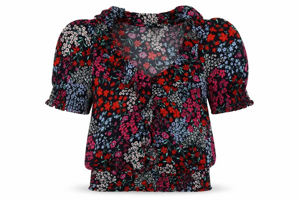 Front view of M&Co women’s multicoloured floral viscose basic blouse, size UK 10, v-neck