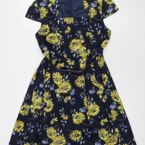 Izabel Womens Blue Floral Cotton A-Line Size 12 V-Neck Zip