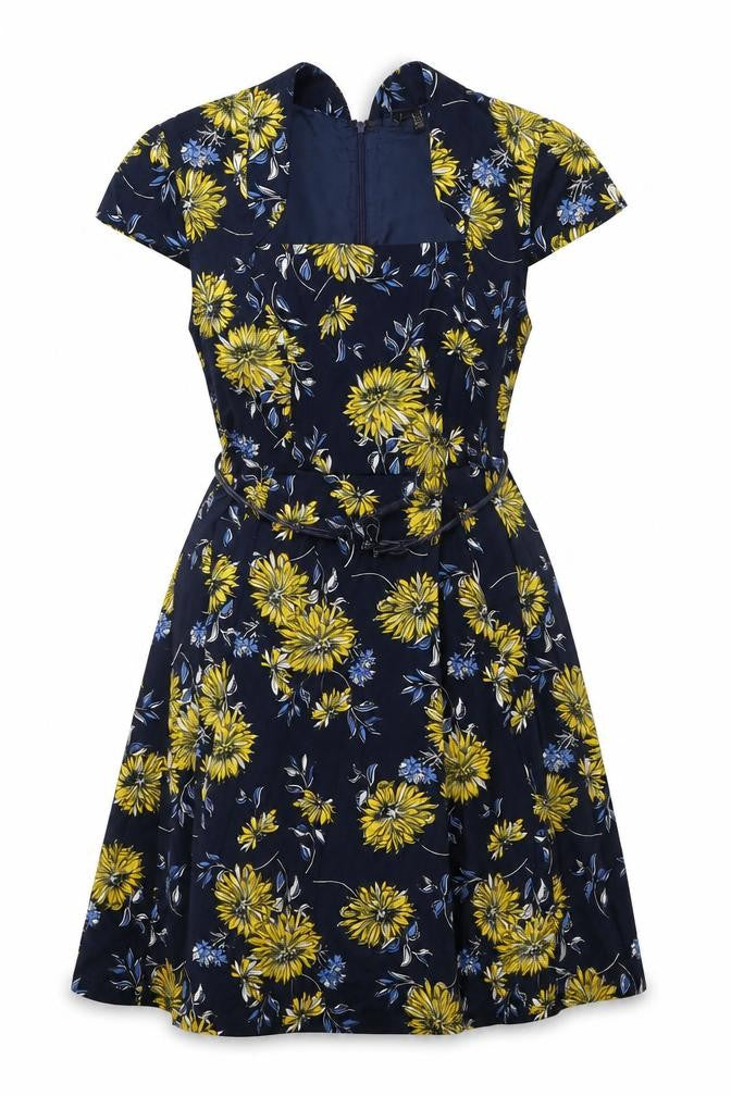 Izabel Womens Blue Floral Cotton A-Line Size 12 V-Neck Zip