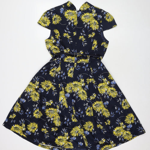 Izabel Womens Blue Floral Cotton A-Line Size 12 V-Neck Zip