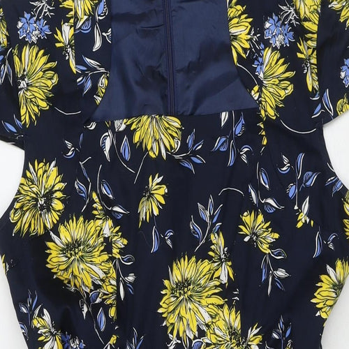 Izabel Womens Blue Floral Cotton A-Line Size 12 V-Neck Zip