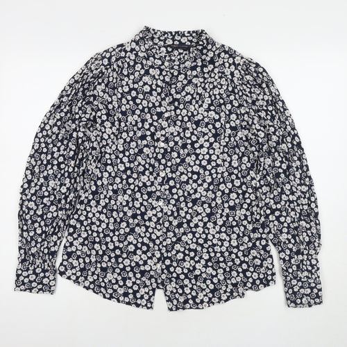 Marks and Spencer Womens Blue Floral Viscose Basic Button-Up Size 8 Round Neck
