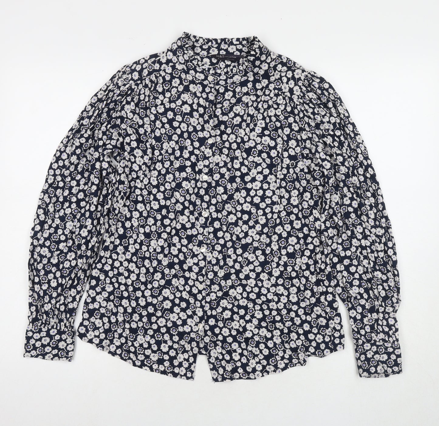 Marks and Spencer Womens Blue Floral Viscose Basic Button-Up Size 8 Round Neck