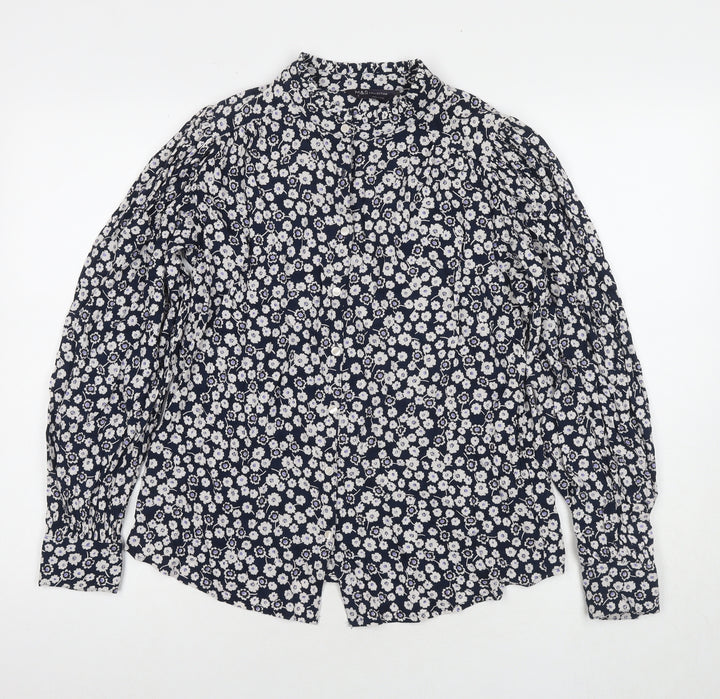 Marks and Spencer Womens Blue Floral Viscose Basic Button-Up Size 8 Round Neck
