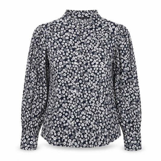 Front view of Marks & Spencer women’s blue floral viscose basic button-up, size UK 8, round neck