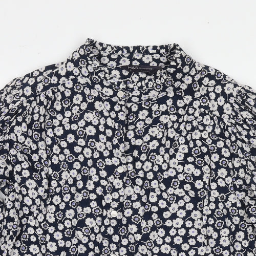 Marks and Spencer Womens Blue Floral Viscose Basic Button-Up Size 8 Round Neck