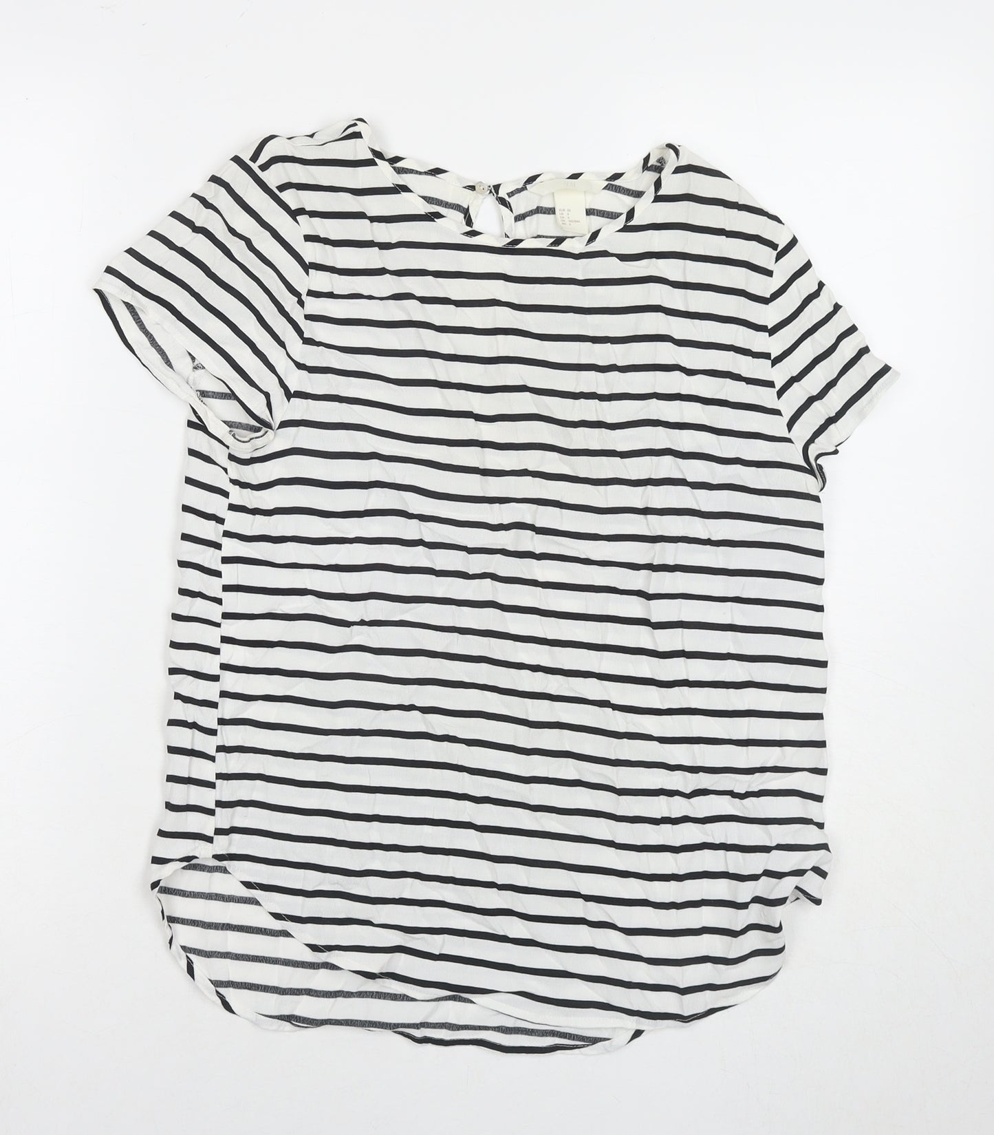 H&M Womens White Striped Viscose Basic T-Shirt Size 8 Round Neck