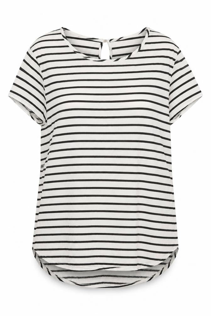 Front view of H&M women’s white striped viscose basic t-shirt, size UK 8, round neck