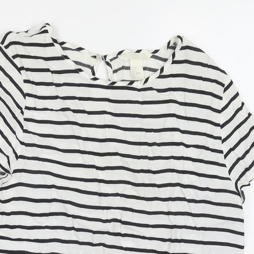 H&M Womens White Striped Viscose Basic T-Shirt Size 8 Round Neck