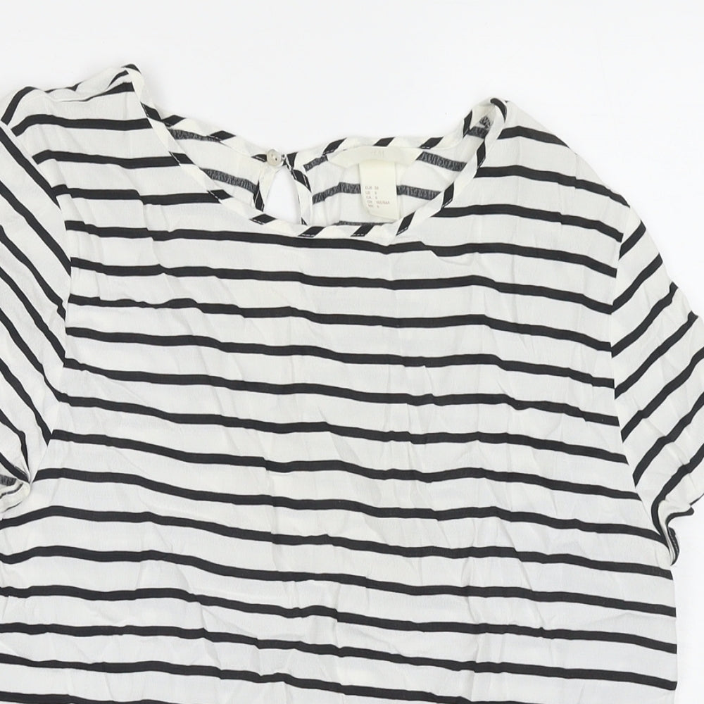 H&M Womens White Striped Viscose Basic T-Shirt Size 8 Round Neck