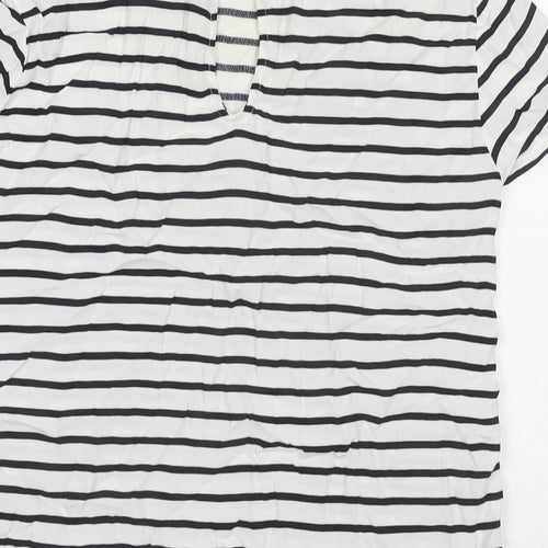 H&M Womens White Striped Viscose Basic T-Shirt Size 8 Round Neck