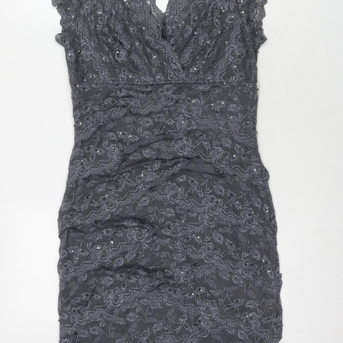 Marina Womens Grey Polyester A-Line Size 10 V-Neck Pullover - Sequin Detail