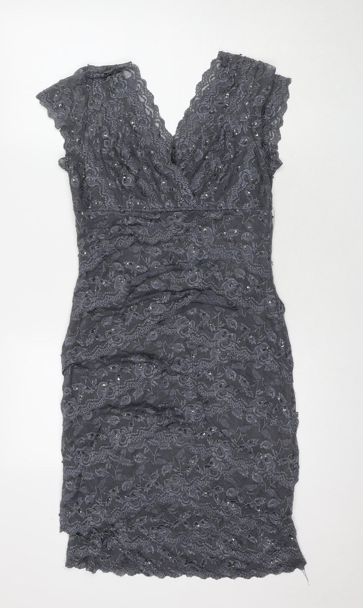Marina Womens Grey Polyester A-Line Size 10 V-Neck Pullover - Sequin Detail