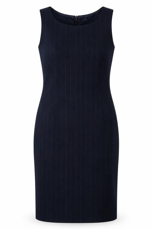 Front view of Dorothy Perkins women’s blue striped viscose a-line, size UK 10, round neck zip