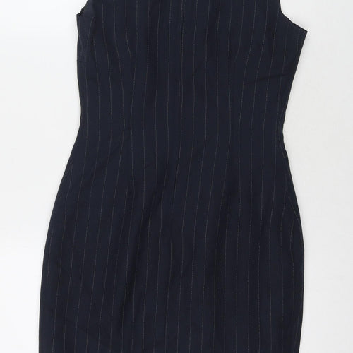 Dorothy Perkins Womens Blue Striped Viscose A-Line Size 10 Round Neck Zip