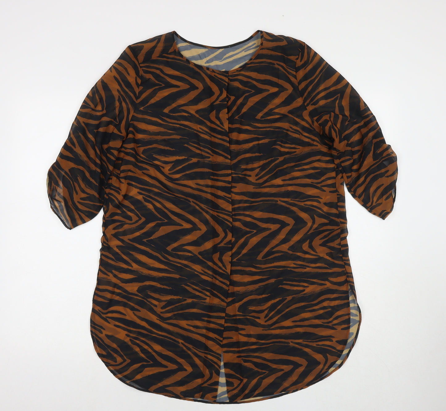 NEXT Womens Brown Animal Print Polyester Basic Button-Up Size 12 Round Neck - Beach Cover-Up