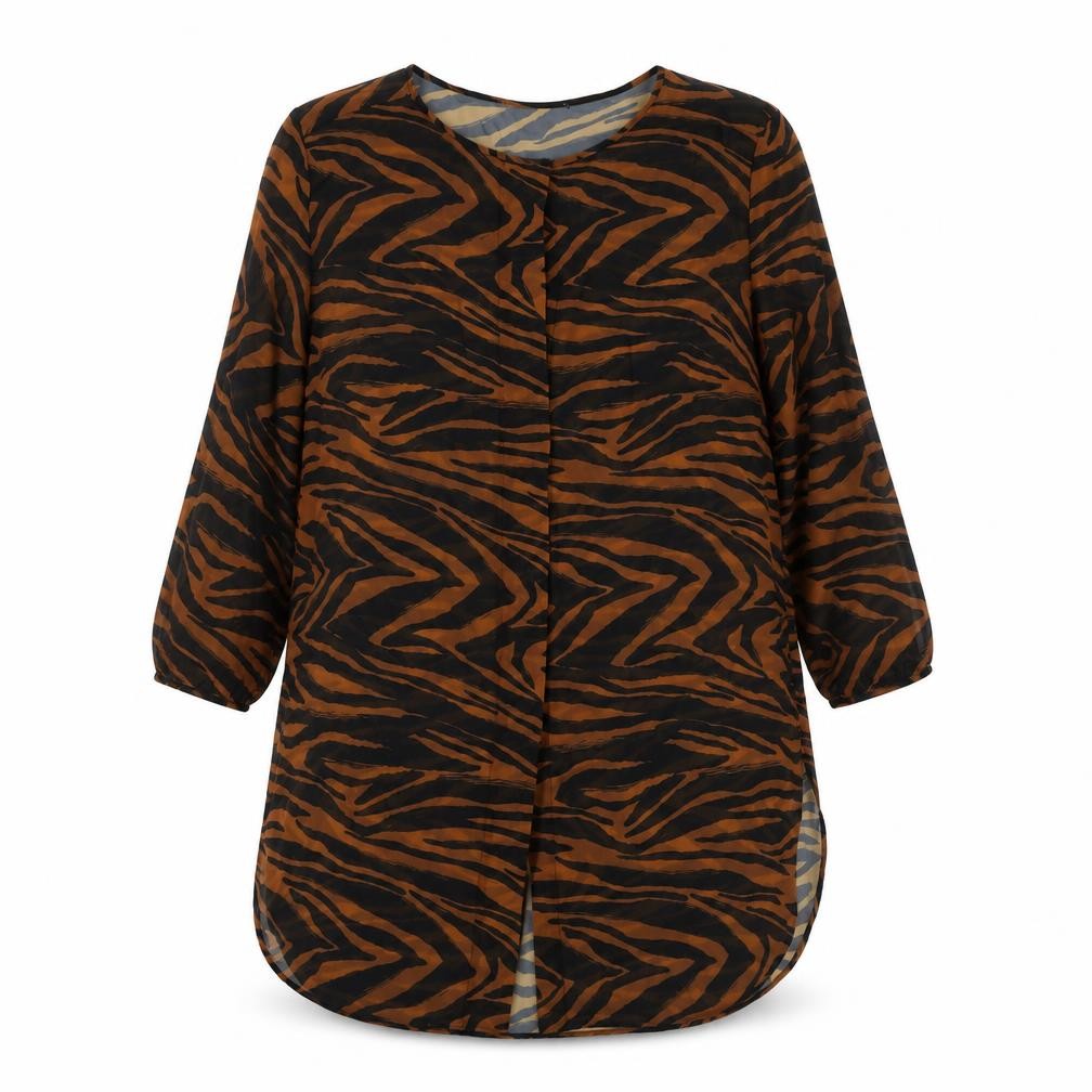Front view of Next women’s brown animal print polyester basic button-up, size UK 12, round neck - beach cover-up