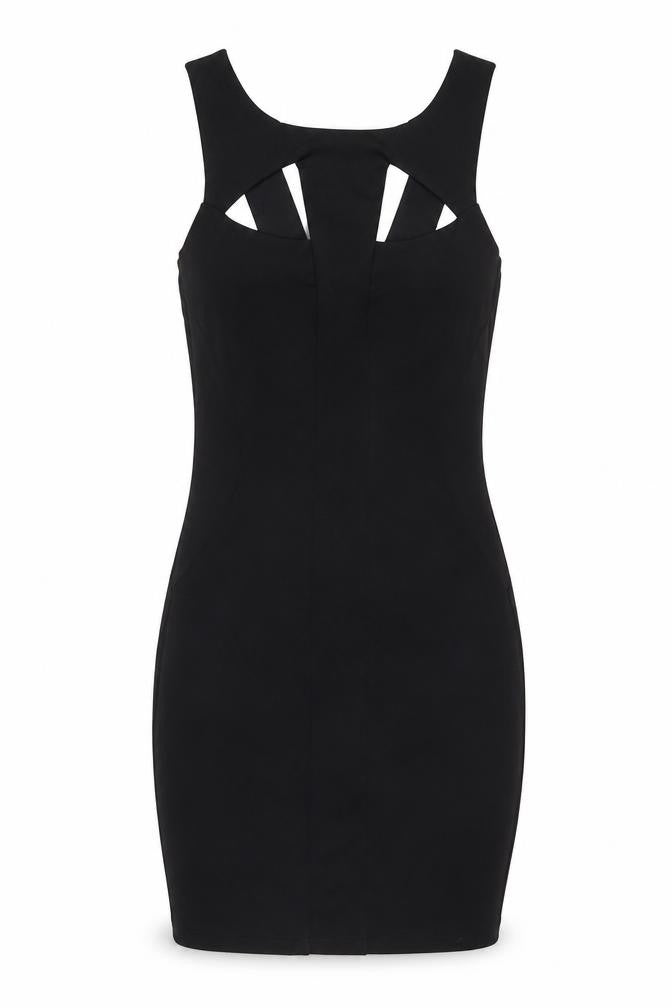 Front view of Miss Selfridge women’s black polyester bodycon, size UK 8, round neck pullover
