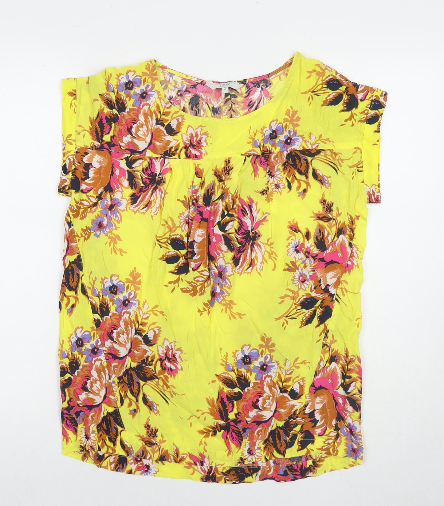 NEXT Womens Yellow Floral Viscose Basic Blouse Size 10 Round Neck