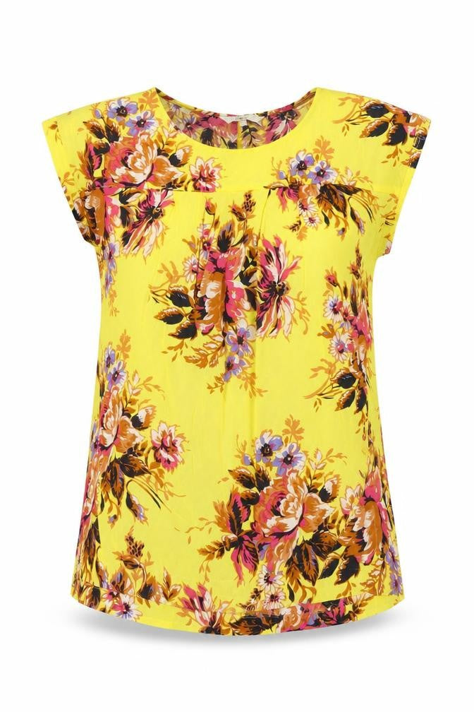 Next Womens Yellow Floral Viscose Basic Blouse Size 10 Round Neck