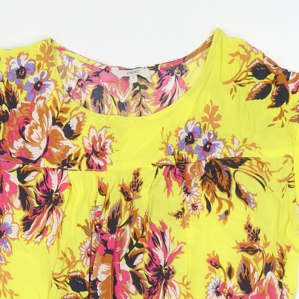 NEXT Womens Yellow Floral Viscose Basic Blouse Size 10 Round Neck
