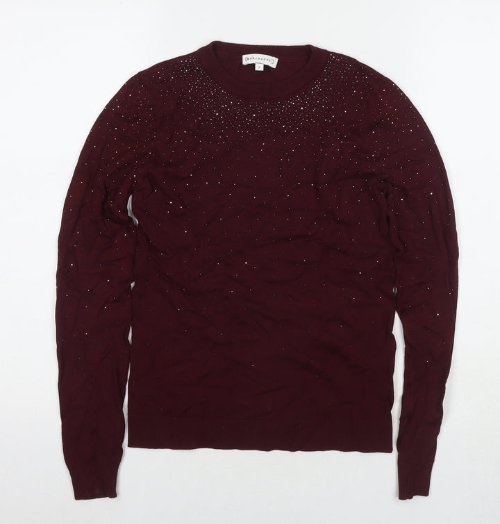 Warehouse Womens Red Round Neck Viscose Pullover Jumper Size 6 - Embellishment Detail