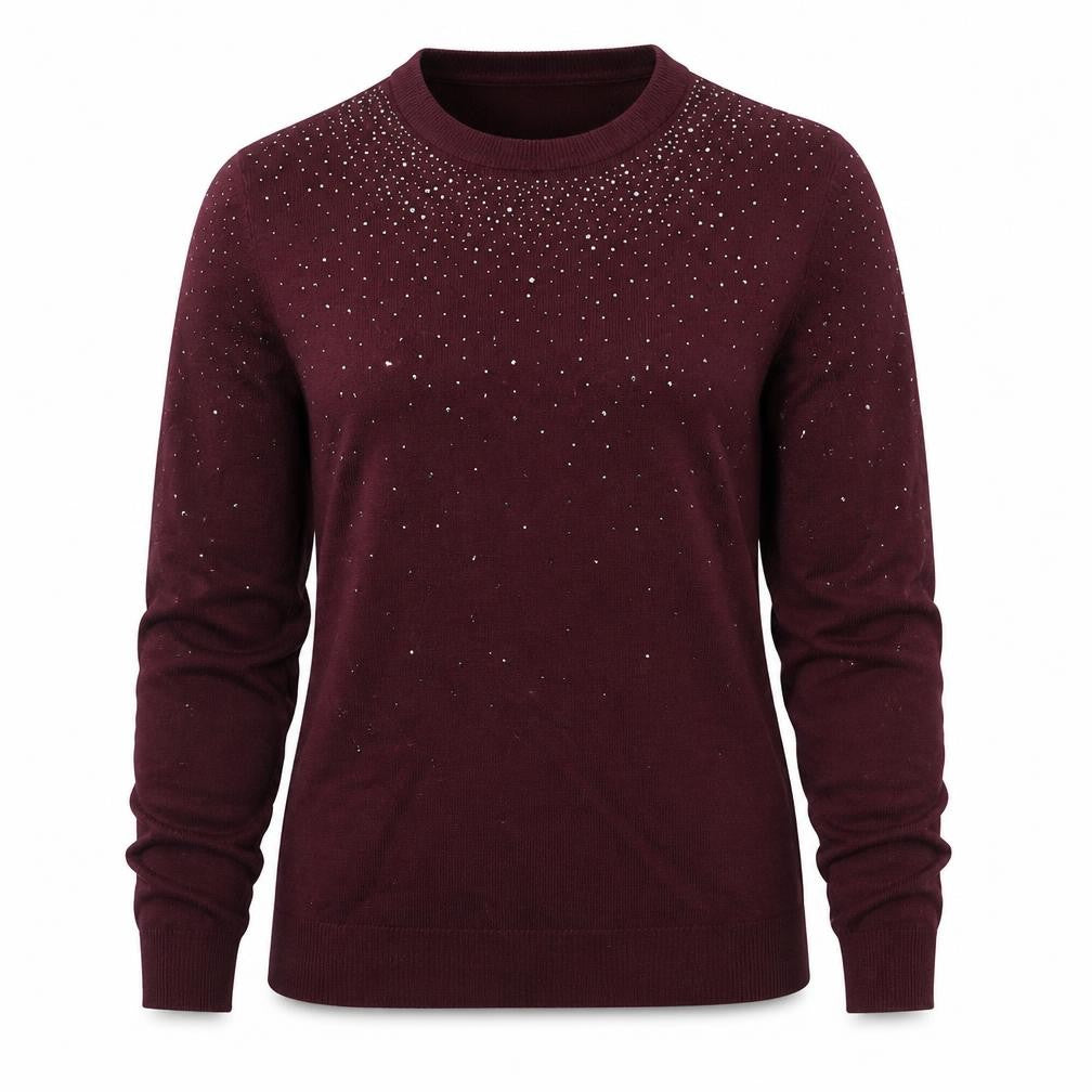 Front view of Warehouse women’s red round neck viscose jumper, size UK 6, - embellishment detail