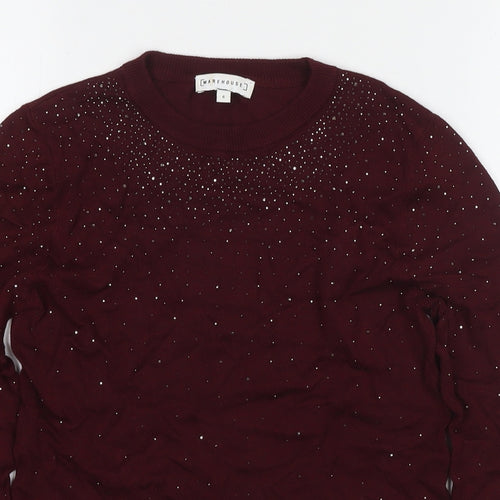 Warehouse Womens Red Round Neck Viscose Pullover Jumper Size 6 - Embellishment Detail